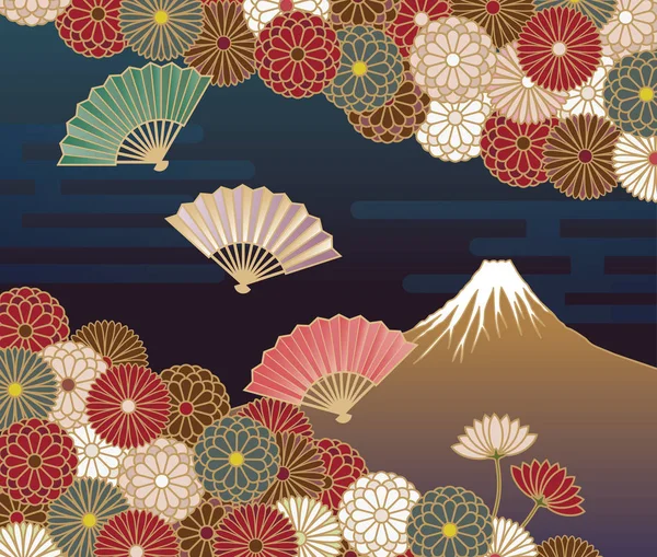 Montaña Fuji, Abanico de mano y flores de crisantemo — Vector de stock