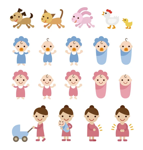 Mãe, bebês e animais de estimação conjunto ilustração —  Vetores de Stock