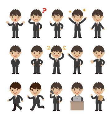 Adam koyu gri takım elbiseli, çeşitli poz ve ifade