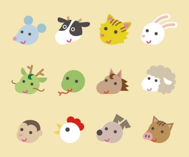 On iki Çince Zodyak hayvan işaret illüstrasyon seti