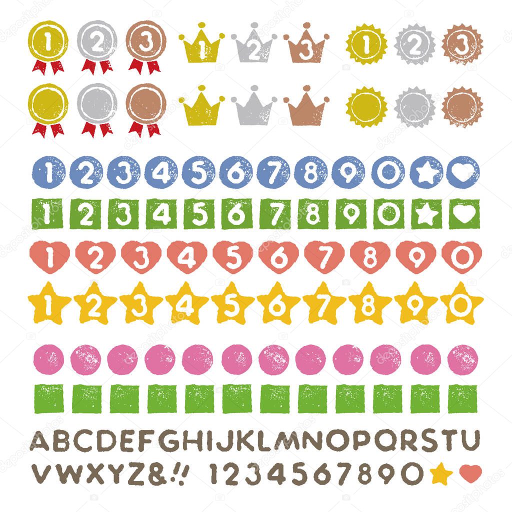 Graphic elements, medal, crown, badge, numbers and alphabet