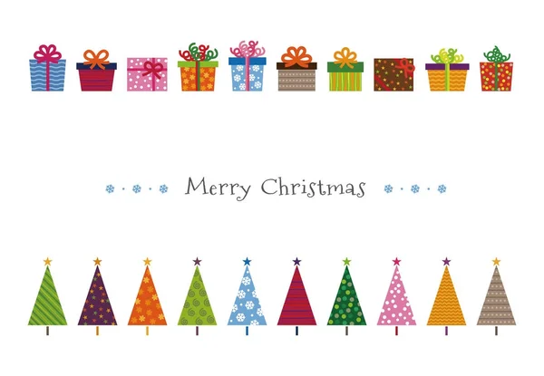 Renkli Noel ağaçları ve hediyeler tebrik kartı desenli — Stok Vektör