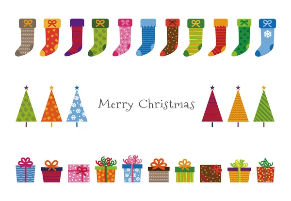 Renkli Noel ağaçları, hediyeler ve tebrik çorap desenli — Stok Vektör
