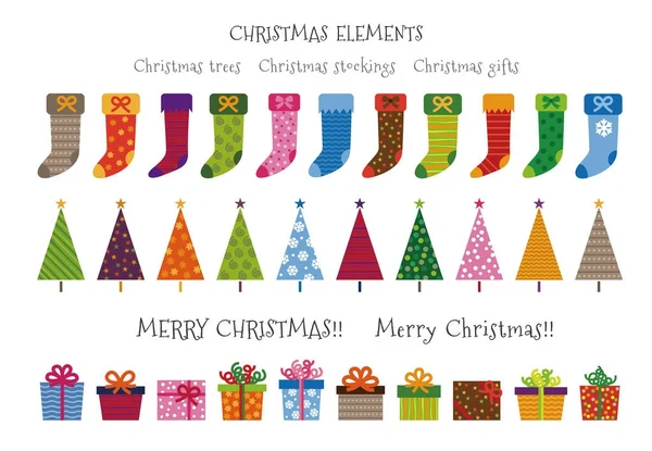 Noel ağaçları, hediyeler ve çorap Christma renkli desenli — Stok Vektör