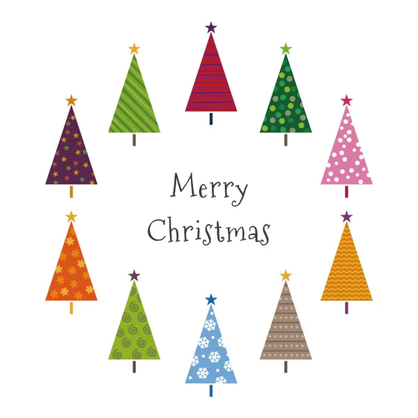 Julkort med färgglada mönstrade julgranar — Stock vektor