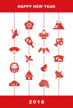 Japon iyi şanslar elemanları ile yeni yıl kartı yıl 2018