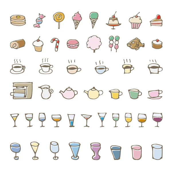 Bonbons dessinés à la main et boissons icônes croquis — Image vectorielle