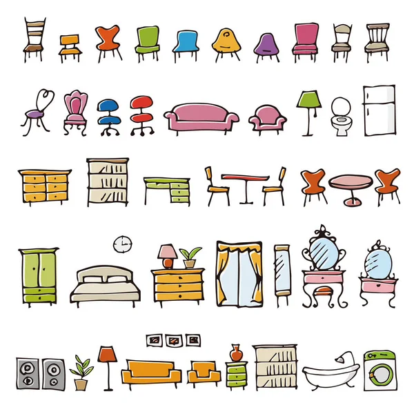 Handgezeichnete Möbel skizzieren Ikonen — Stockvektor