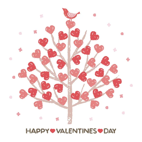 День Святого Валентина, Дерево с листьями в форме сердца и маленькой птичкой — стоковый вектор