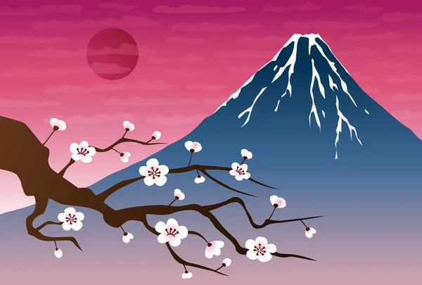 Illustrazione paesaggistica con Monte Fuji e susina bianca al tramonto — Vettoriale Stock