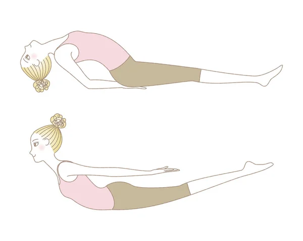 Pose de yoga, femme dans la pose de sauterelle et Pose de poisson — Image vectorielle