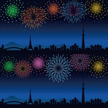 Havai fişek ve Tokyo cityscape geceleri