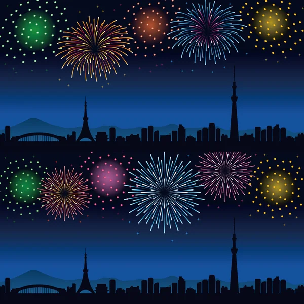 Feuerwerk und Stadtbild von Tokio bei Nacht — Stockvektor
