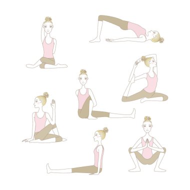 Beyaz arka plan üzerinde izole yoga poses kümesi