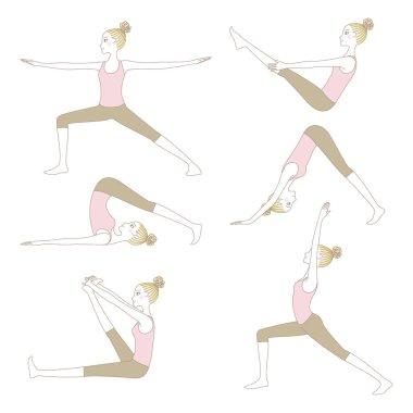 Beyaz arka plan üzerinde izole yoga poses kümesi