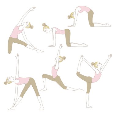 Beyaz arka plan üzerinde izole yoga poses kümesi
