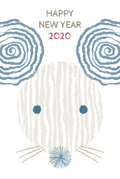 Nuovo anno carta con il volto del mouse con motivo a spirale e strisce — Vettoriale Stock