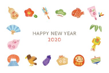 İyi şans unsurları olan yeni yıl kartı suluboya çizimi