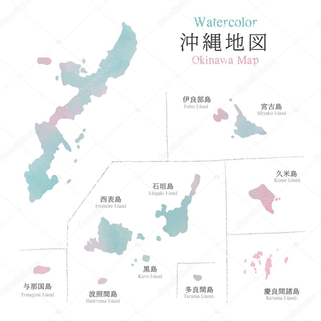 Japan Okinawa islands map with watercolor texture / translation of Japanese 