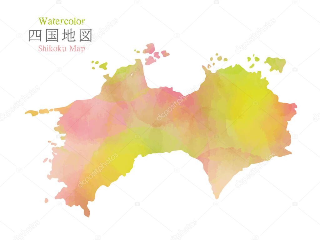 Japan Shikoku region map with watercolor texture / traslation of Japanese 