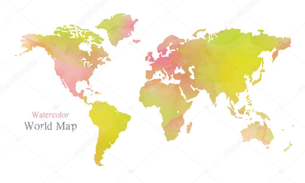 Wold Map with Watercolor texture on white background