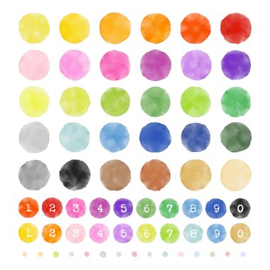 Ayrı renkli daireler ve suluboya desenli noktalar, grafik elementler.