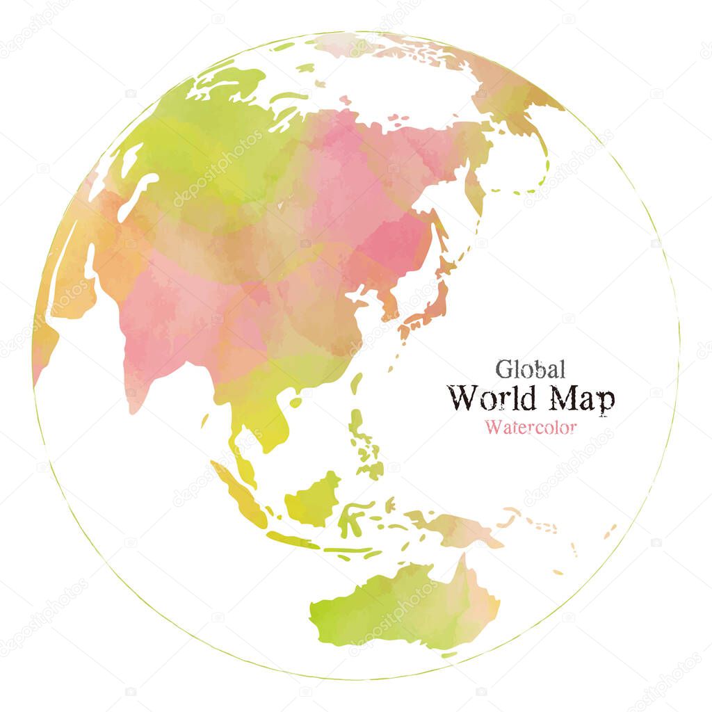 Global map with watercolor texture on white background