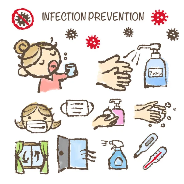 Hand Drawn Illustration Infection Prevention Gargling Hand Washing Take Temperature — Stock Vector