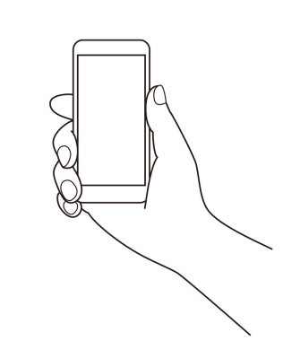 Elinde cep telefonu (cep telefonu), çizgi illüstrasyonu, grafik ögesi