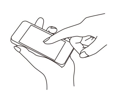 Bir elde cep telefonu (cep telefonu) tutmak ve kullanmak, satır illüstrasyonu, grafik ögesi