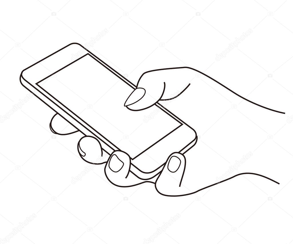 Holding and using a cell phone (mobile phone) at a hand, line illustration, graphic element
