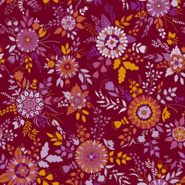 Vektör çiçek deseni. Renkli kesintisiz botanik doku, detaylı çiçek illüstrasyonlar. Stil, Bahar çiçek arka plan doodle.