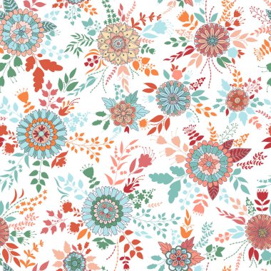 Vektör çiçek deseni. Renkli kesintisiz botanik doku, detaylı çiçek illüstrasyonlar. Stil, Bahar çiçek arka plan doodle.