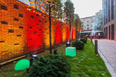 Arka bahçede barbekü partisi için hazırlanıyor. Renkli manzara aydınlatmalı açık hava partisi