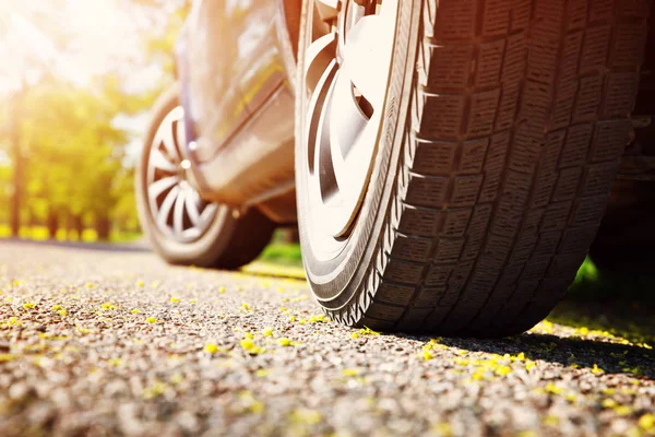 Fechamento de pneus de carro na estrada de asfalto no dia de verão no parque — Fotografia de Stock