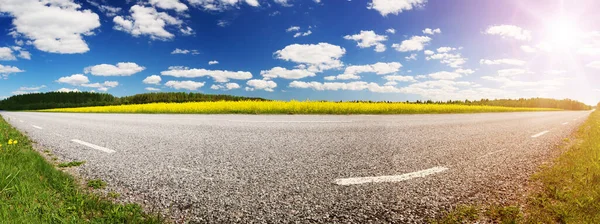 Panorama del camino en el soleado día de verano en el campo —  Fotos de Stock