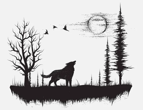 Lobo uivando na lua — Vetor de Stock