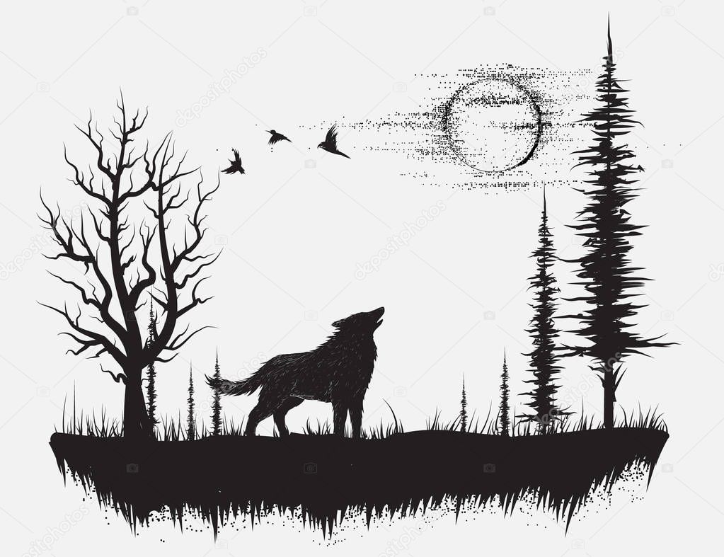 Wolf Howling At The Moon In The Forest Hand Drawn Vector Illustration Premium Vector In Adobe Illustrator Ai Ai Format Encapsulated Postscript Eps Eps Format