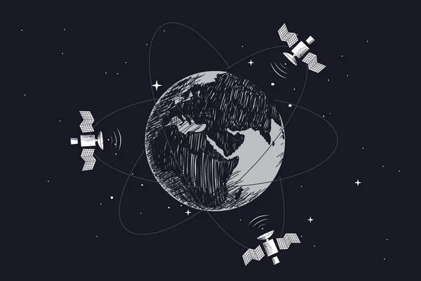 Satélites em órbita ao redor da Terra — Vetor de Stock