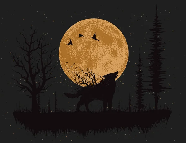 Loup hurlant à la lune — Image vectorielle