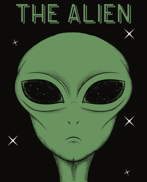 Rostro de alienígena verde aislado sobre fondo negro — Vector de stock