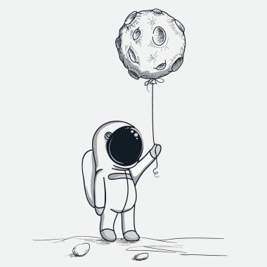 Şirin astronot soyut balon gibi bir ay tutar