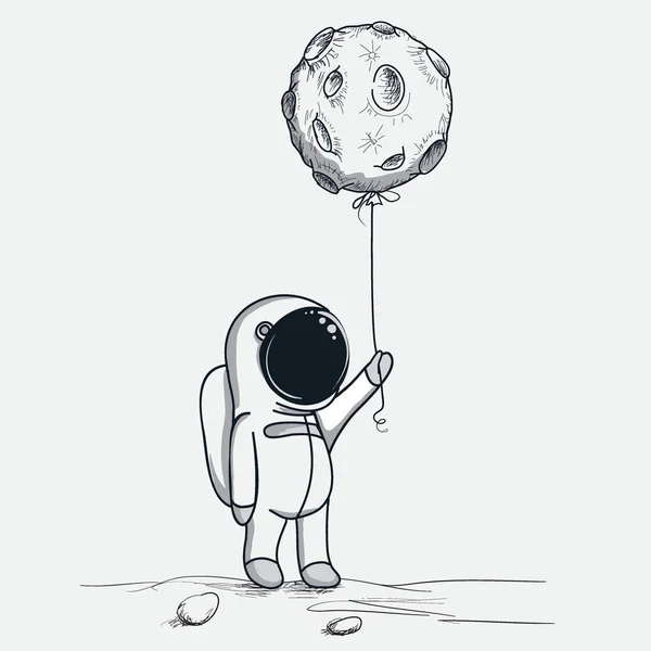 Schattig astronaut houdt abstracte ballon zoals een maan — Stockvector