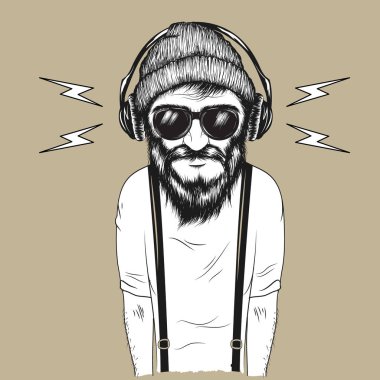 Hipster adam müzik vektör çizim için dinleme