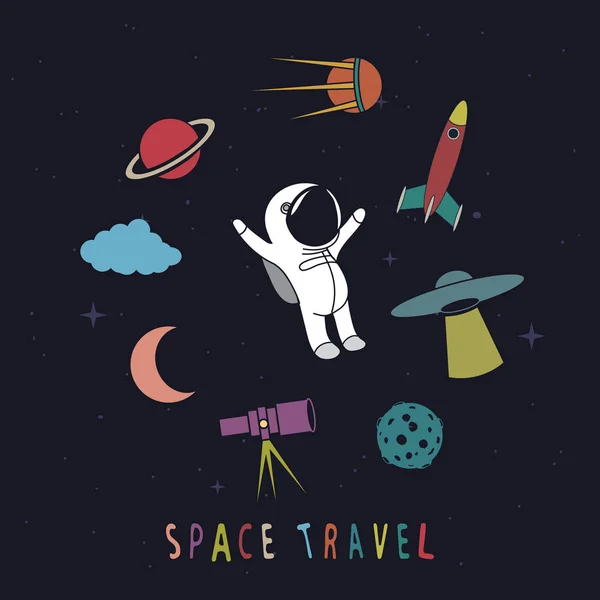 Αστεία αστροναύτης με διαστημικά αντικείμενα — Διανυσματικό Αρχείο