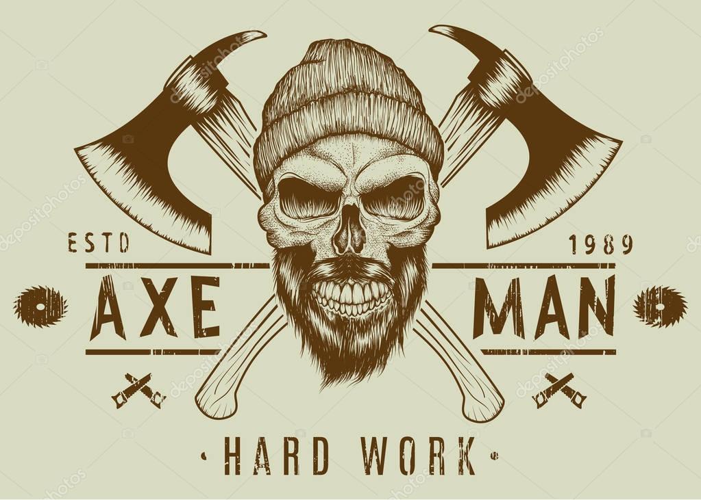 Lumberjack bearded skull with two axes hand drawn vector illustration.T-shirt design