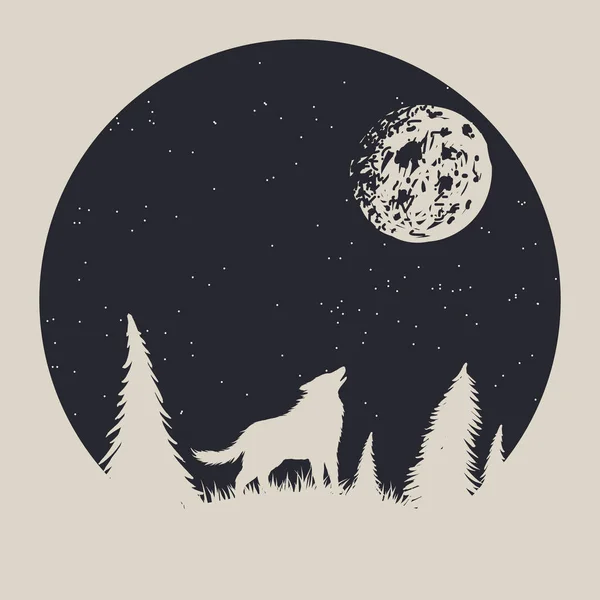 Vintage label with wolf who howling to moon — Stock Vector