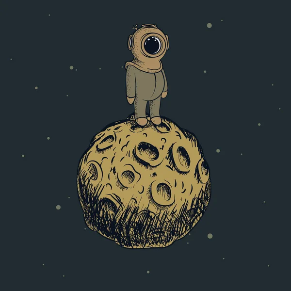 Cartoon astronaut standing on the moon — Stock Vector
