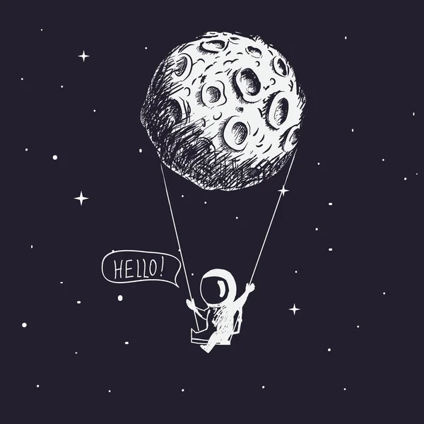 Carino astronauta cavalcando un'altalena legata alla luna — Vettoriale Stock