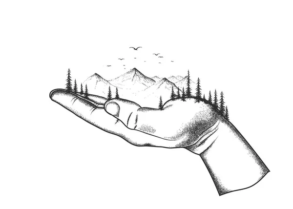 Mountain and forest are located on a hand — Stock Vector